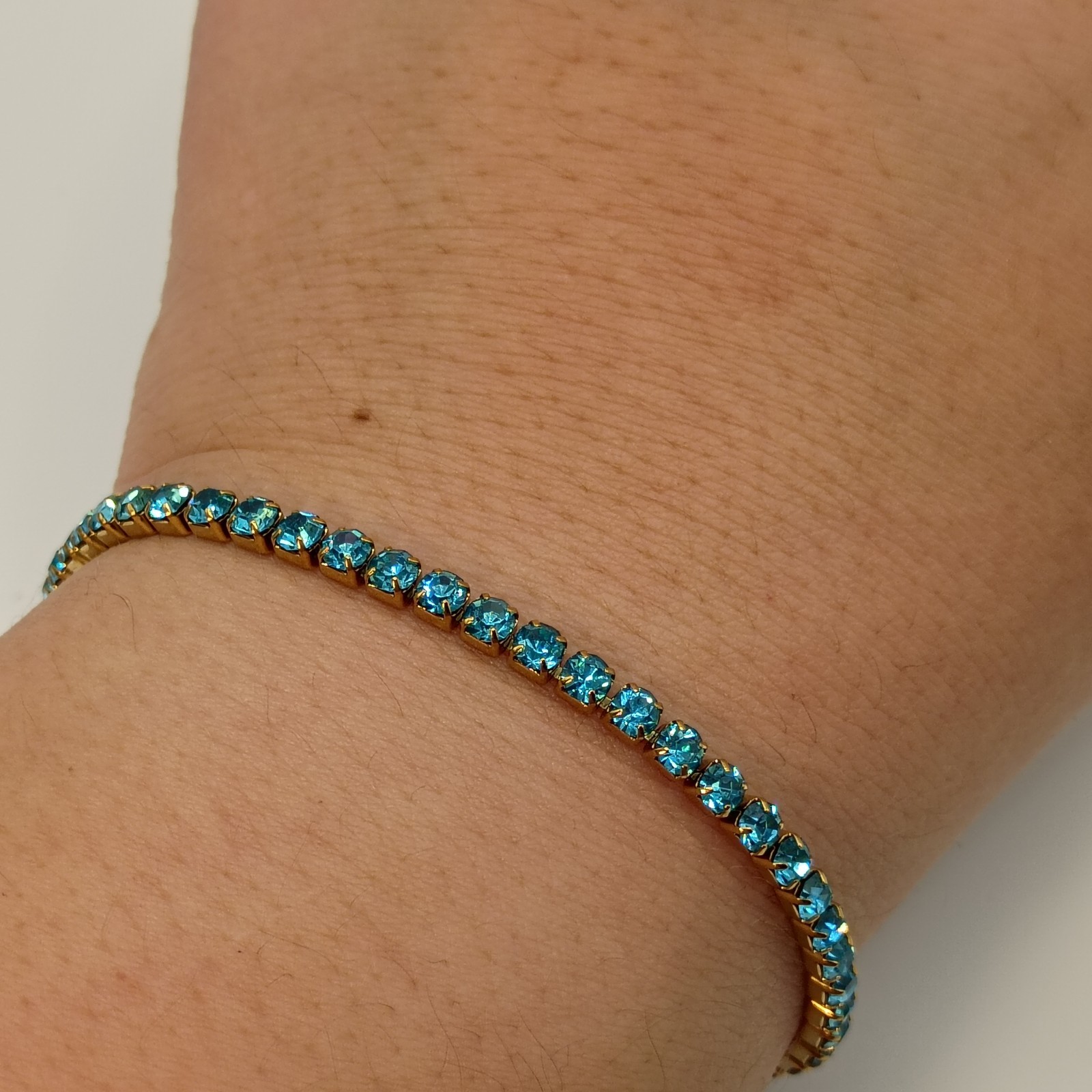 Rhinestone Tennis Bracelet Gold Plated Stainless Steel Light Blue Crystal 6.5