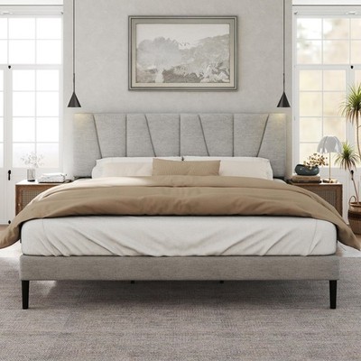 Queen Size Bed Frame with Fabric Upholstered Headboard, Platform Bed with Woo...
