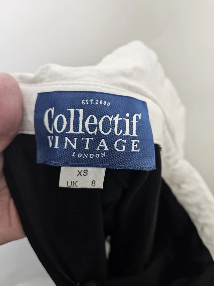 Vestido Collectif Vintage Negro Midi Cuello Blanco XS UK 8 Retro Gótico Mod Estilo Foto 3 de 4