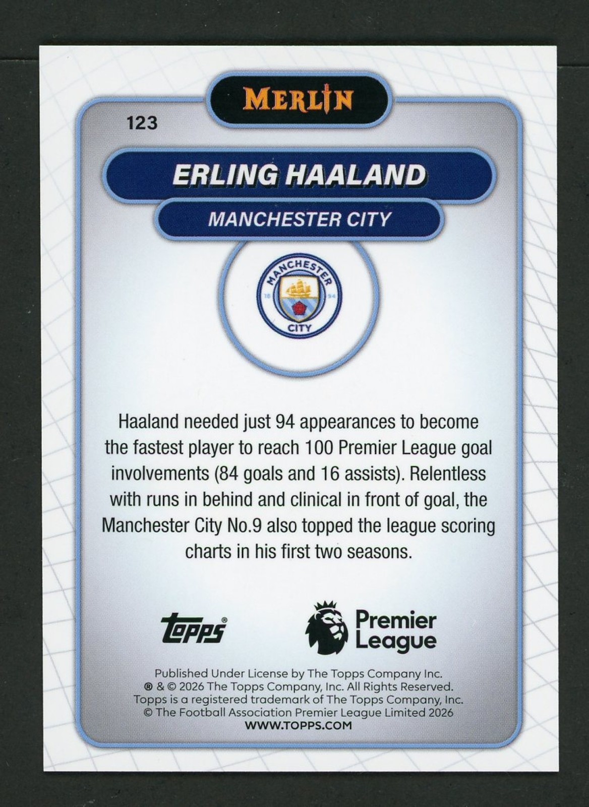 2026 Topps Merlin Premier League Erling Haaland Purple Mojo Refractor #/75 view 2