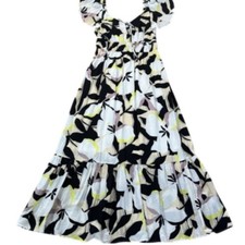 NINE WEST Black White Floral Maxi Dress XXL NWOT Flutter Sleeve Tiered Ruffle
