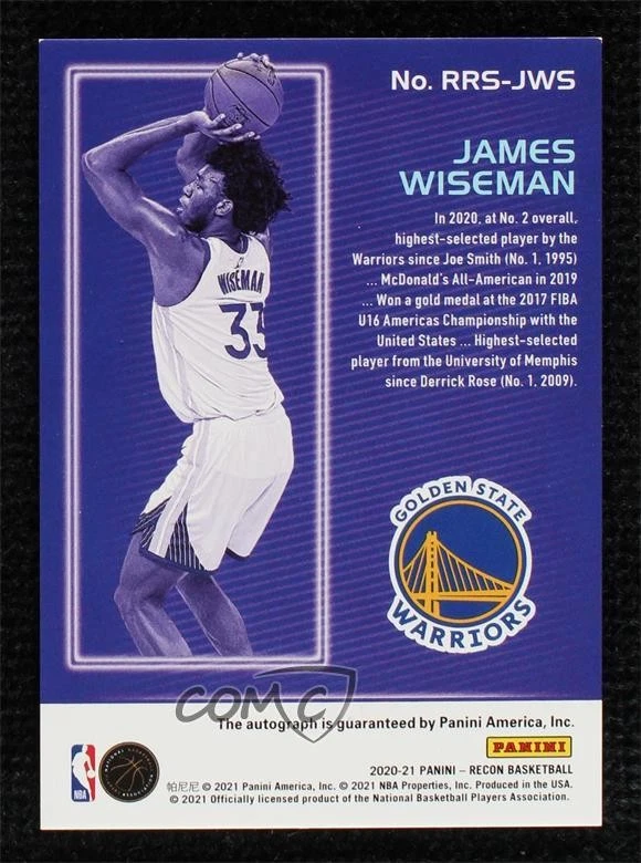 2020-21 Panini Recon Rookie Signatures Red /99 James Wiseman #RRS-JWS Auto RC - Image 2 of 2