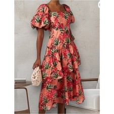 FARM Rio size large pineapple bloom midi dress pink green puff sleeve floral
