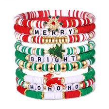 9PCS Christmas Bracelets for Women Red Green Heishi Bracelet Stack Beaded Holida