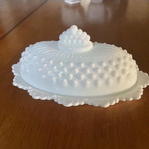 Vintage Fenton Milk Glass Hobnail Oval Butter Dish w/ Crown Top Lid White EUC LN