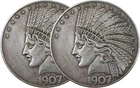 2PCS 1907 Antique Liberty Indian Head $10 Dollar Coin, Uncirculated Morgan Silve