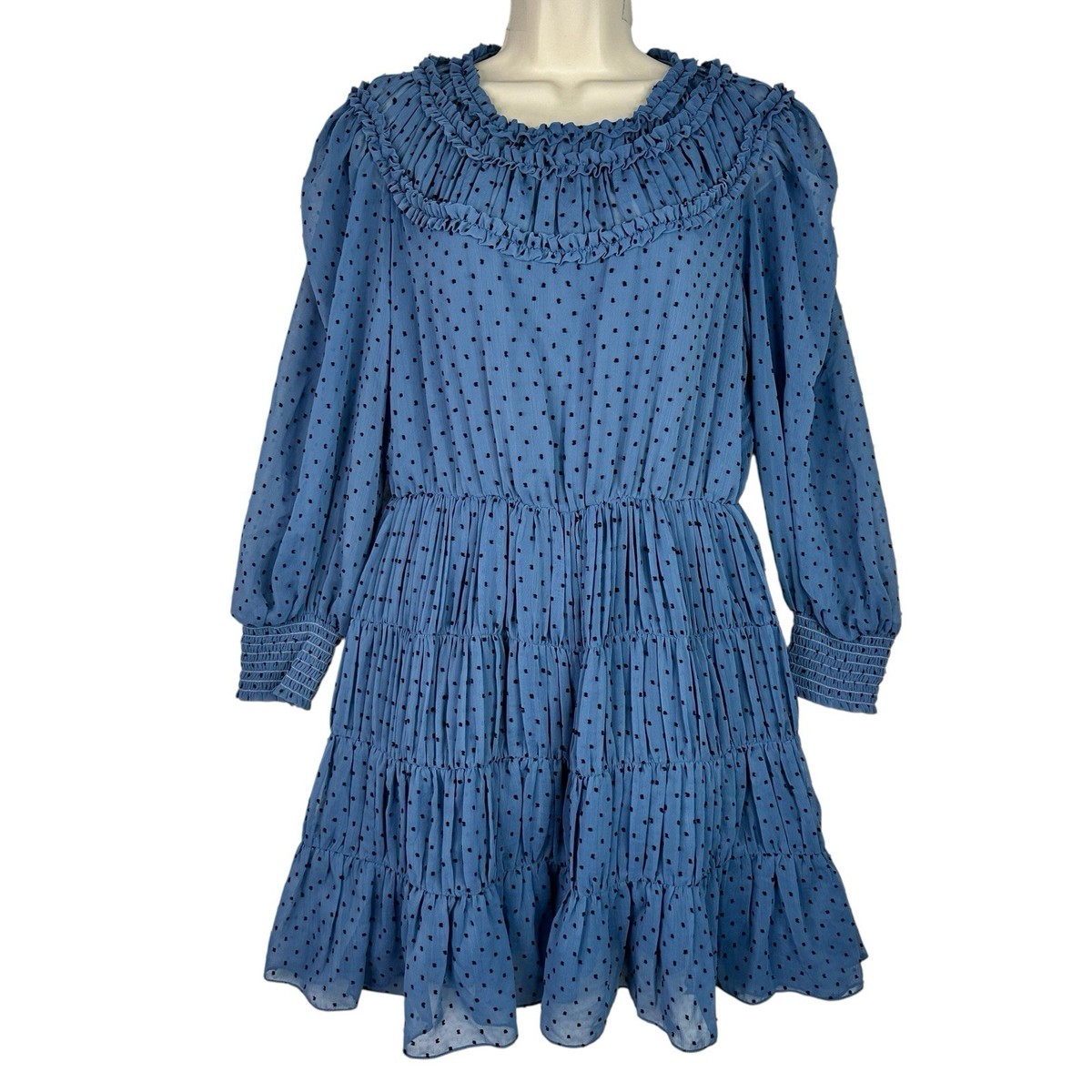 Sandro Paris Blue Swiss Dot Ruffle Mini Dress Womens 40 US 8 Sheer