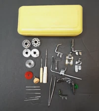Vintage Sewing Machine Attachment Lot 20pc Presser Feet Bobbins Tools Box
