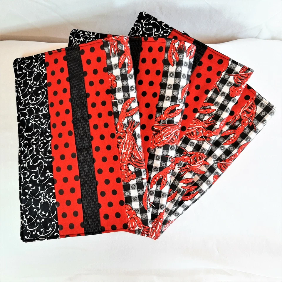 Juego de 4 manteles individuales de langosta hechos a mano de tela multicapa rojo blanco y negro Foto 3 de 4