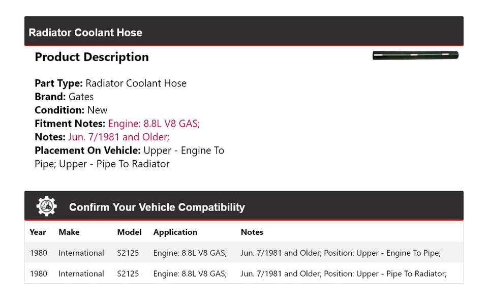 For 1980 International S2125 8.8L V8 GAS Radiator Coolant Hose Gates - Image 2 of 4