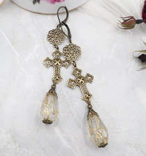 Victorian Goth Brass Filigree Cross Long Earrings with Acrylic Beads