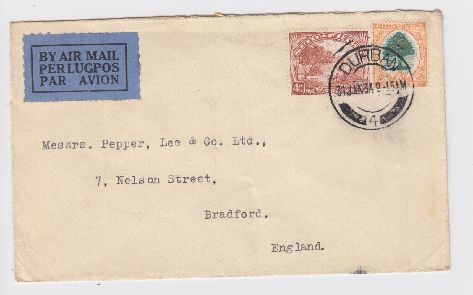 1934 Durban South Africa Air Mail Sale item England Cover 10d Postal to 5 popular -