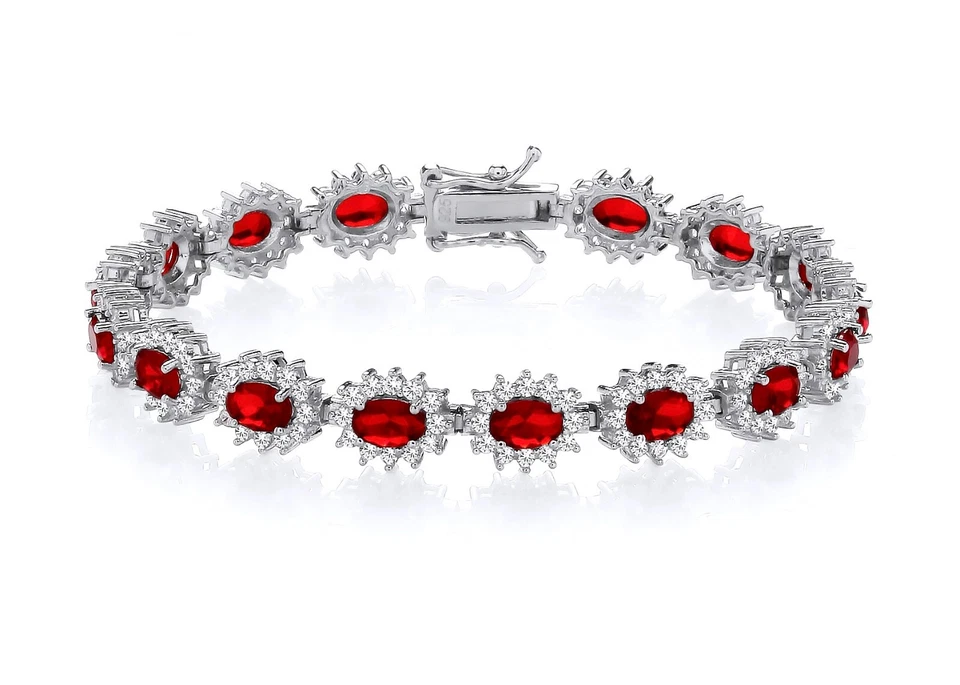 925 Sterling Silver Ruby & CZ Oval Cluster Ladies Tennis Bracelet - 7.5 inch - Image 3 of 4