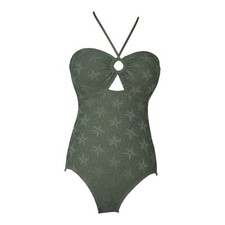 Vince Camuto Crochet Bandeau Halter One-Piece Swimsuit Size 10 SAFARI GREEN