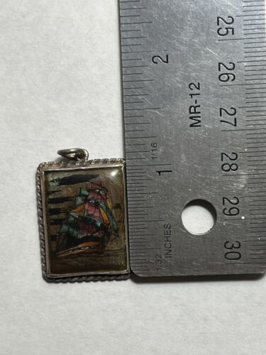 Antique England Sterling Butterfly Wing -Ship Scene Pendant- Glass Convex Top - Picture 6 of 14
