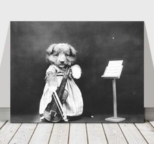 CUTE VINTAGE B&W Dog Dressed Up With Violin - CANVAS ART PRINT POSTER - 36x24"