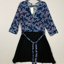 New Leota Blue Black Floral Stretch Wrap Belted Dress size 22 /3L