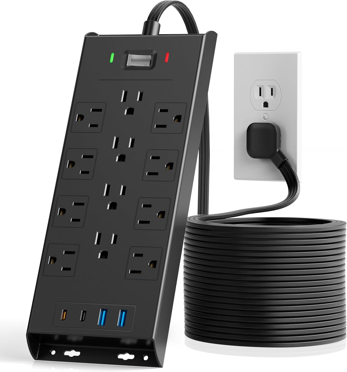 Flat Plug Power Strip 10Ft Long Extension Cord, LeZone 4800J 10FT, Black