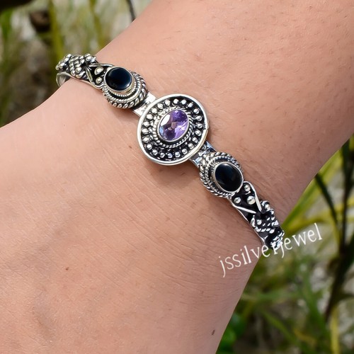 Bracelet Manchette En Argent Plaqué 925 Avec Améthyste - Réglable - Fait Main Vintage - Inde