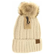 C.C Beanie Thick Cable Knit Faux Fuzzy Fur Pom Fleece Lined Skull Cuffed Cap  