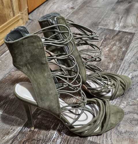 Shoe Republic LA Olive Faux Suede Zipper Stiletto Open Row Ankle Bootie Sandal - Picture 12 of 14