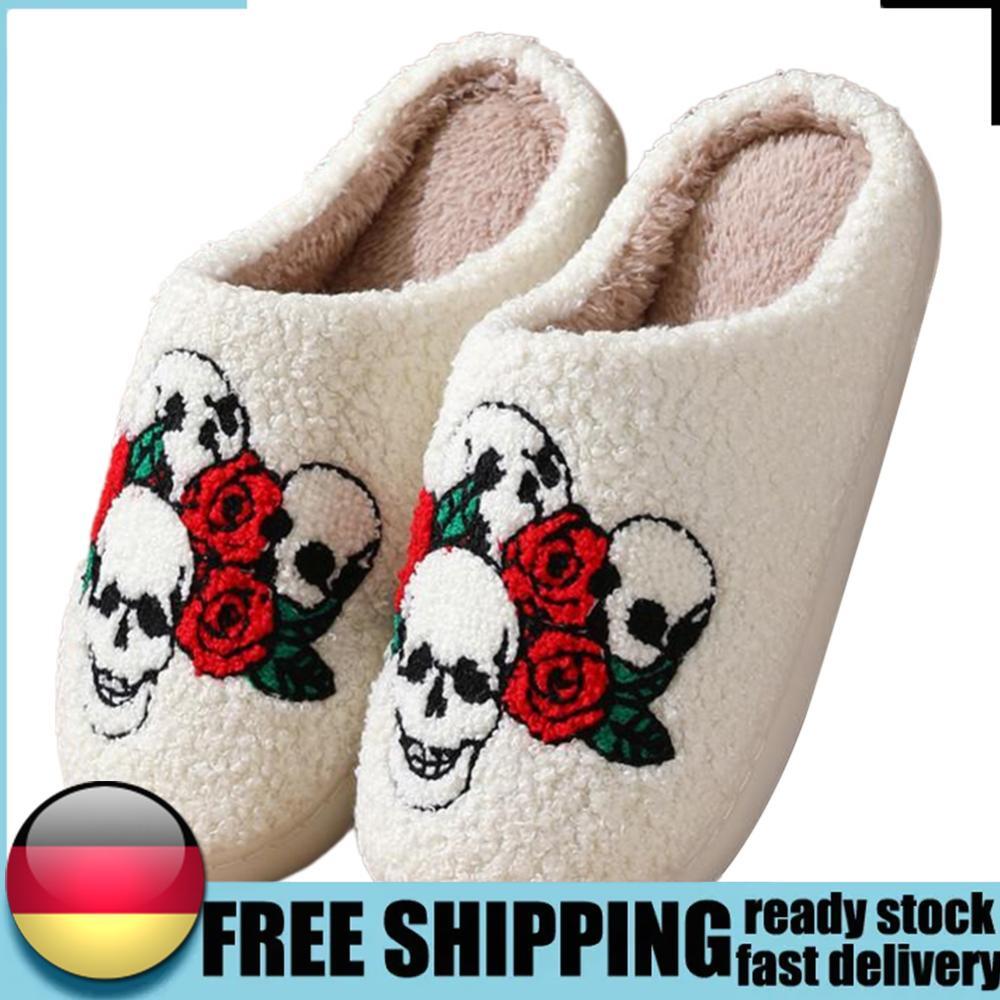 APL Halloween Plush Slippers Furry Skull Slipper Comfortable Anti Slip for Winter