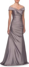 New LA FEMME Off the Shoulder Ruched Satin Trumpet Gown In Platinum Size 10 495