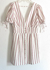 Dress Forever 21 Woven Ivory/Red/Navy Striped Puff Sleeves Lined Junior’s L NWT
