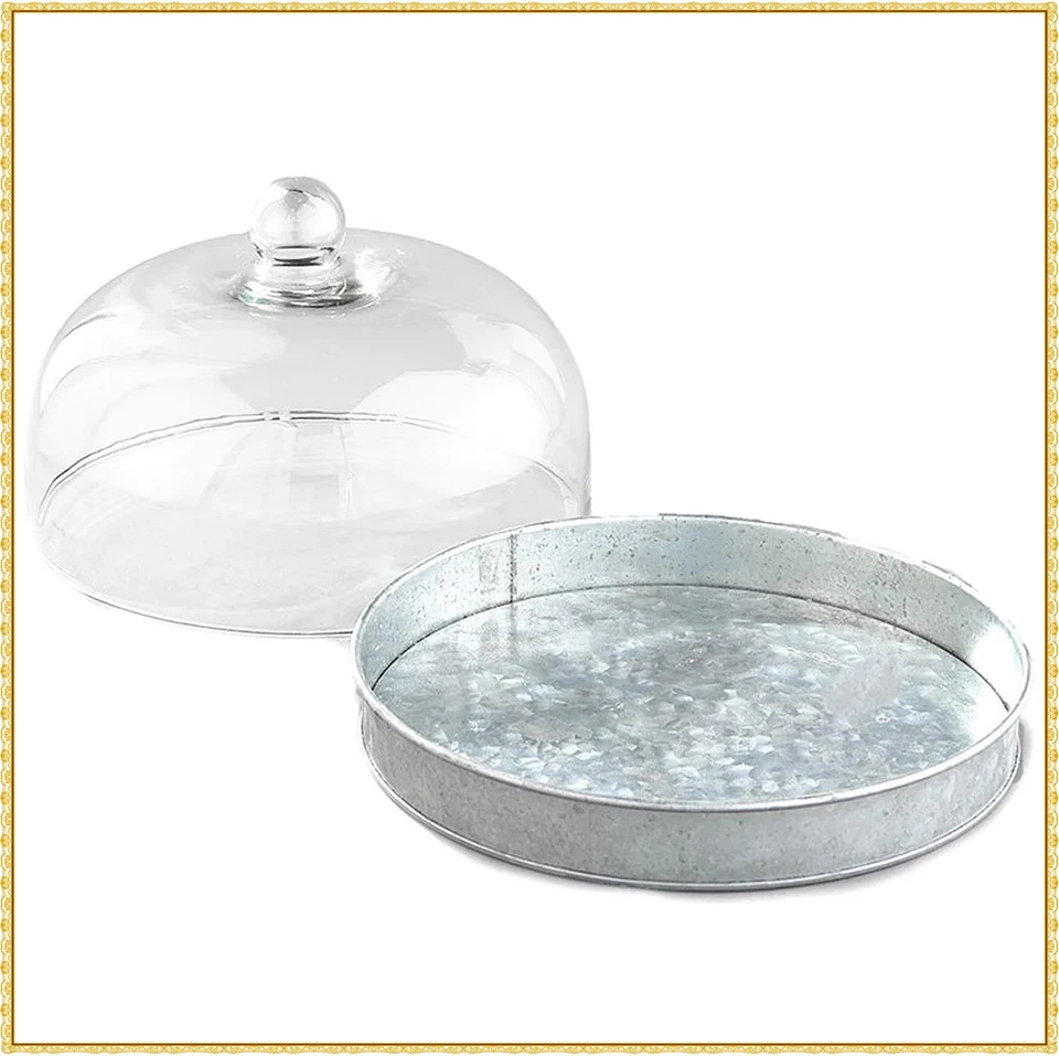 Farmhouse Cloche Glass Dome w Galvanized Base Serving Tray Cheese Cookies Cake - Image 4 of 4