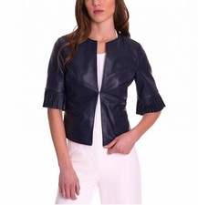Sexy blaue Damen-Jacke aus echtem Lammleder schmale Passform lässig formell M...