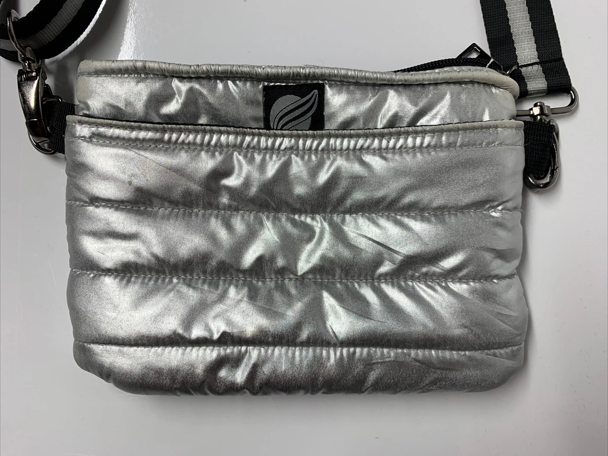 THINK ROYLN Women's Small Crossbody Silver Metallic Puffer Bum Bag Purse  8.5x6x1