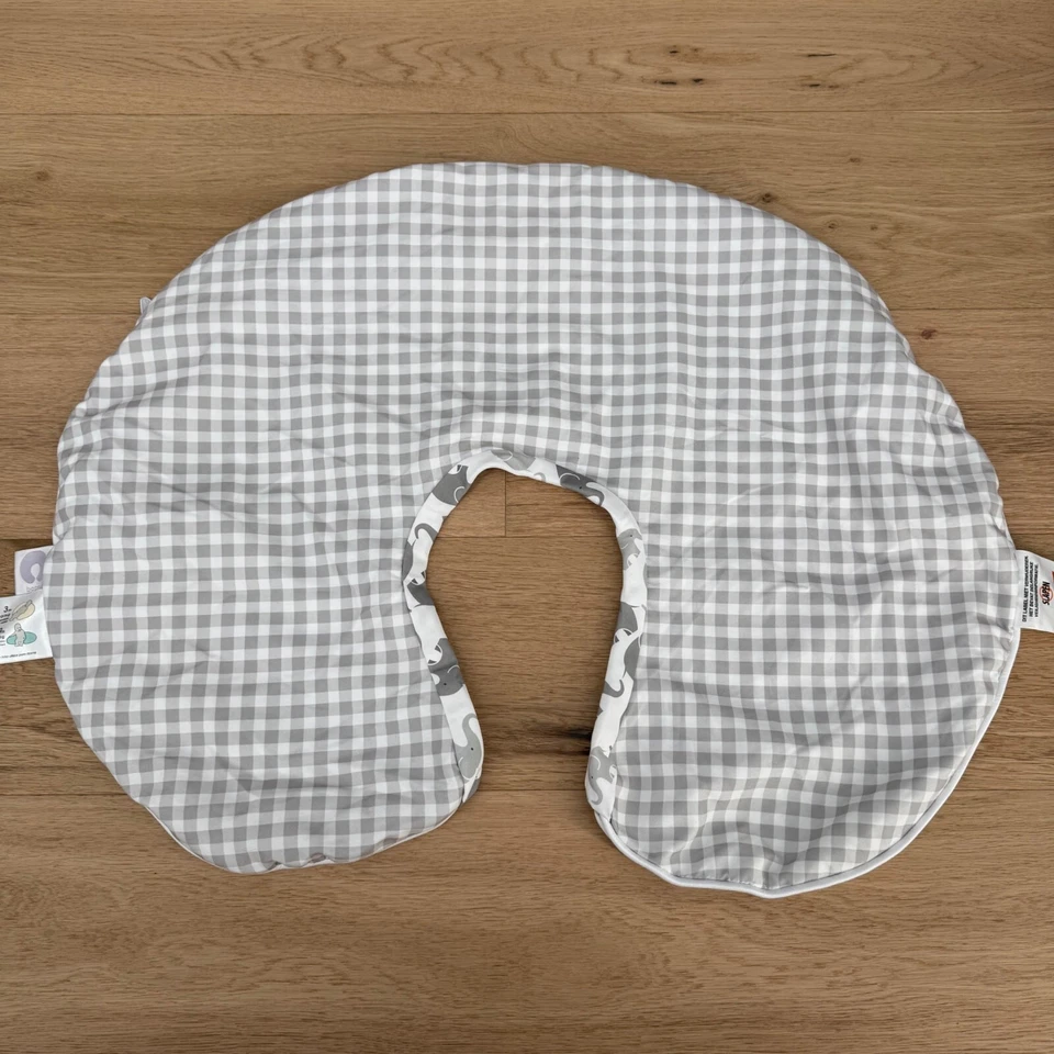 Original Boppy Nursing Pillow Cover Gray Elephants Gingham Breastfeeding Nursing - Image 2 of 4