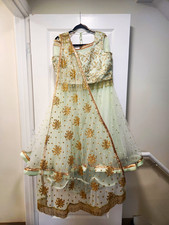 Mint Green Gold Embroidered Lehenga Choli Set Net Dupatta Indian Wedding Duwali