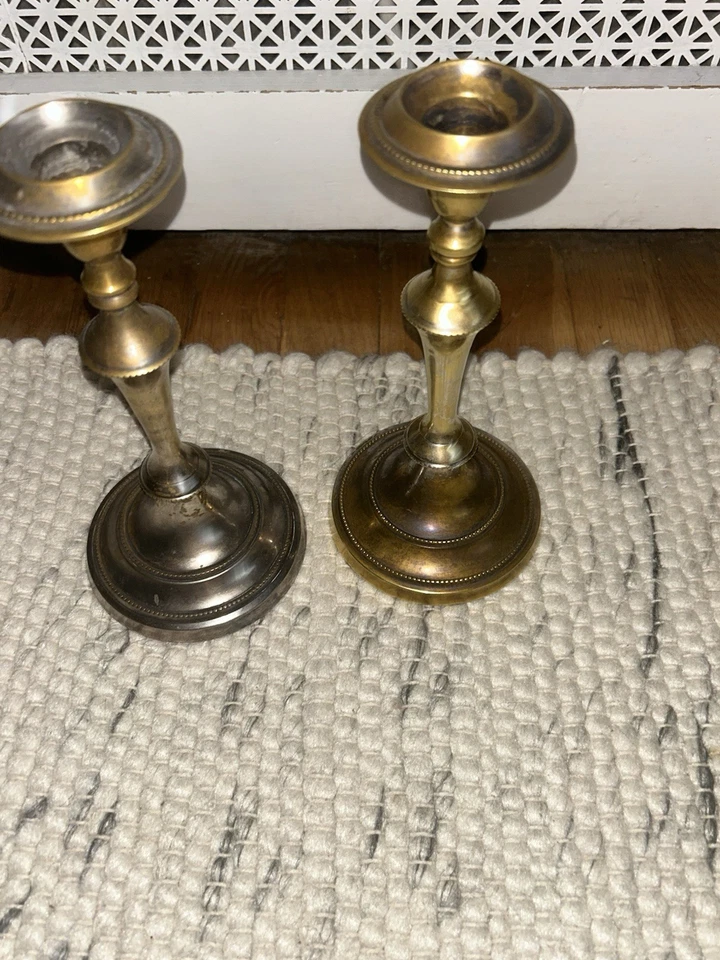 Brass/Nickel Metal Candle Holder Set of Two Silver and Gold Tone 6 Inches Tall - Image 3 of 4