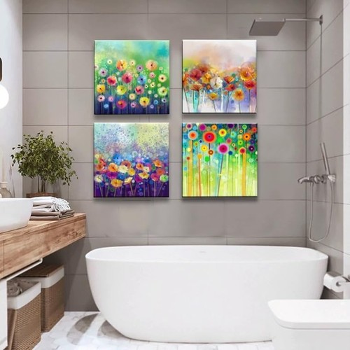 Flowers Bathroom Decor Canvas Wall 12"x12" x 4 Pcs, Abstract Floral - Picture 6 of 9