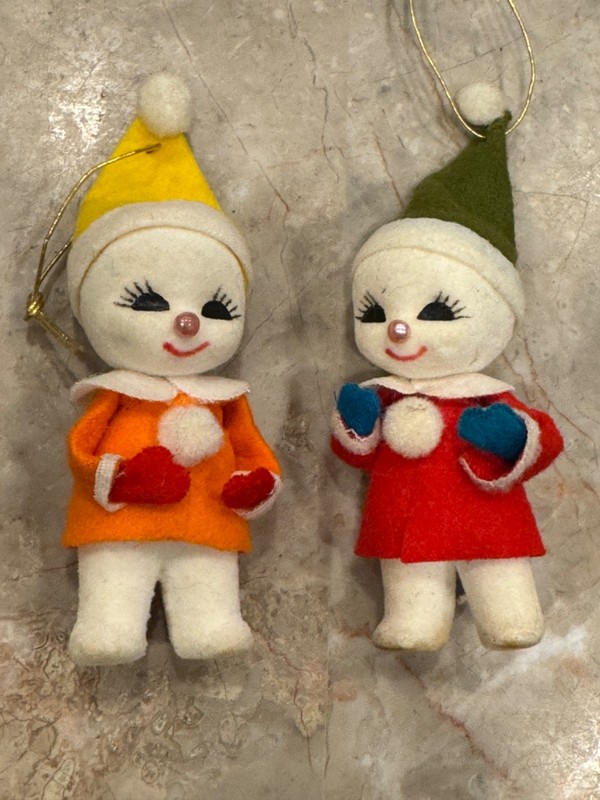 2 Vintage Flocked Santa Snow Babies Christmas Ornaments
