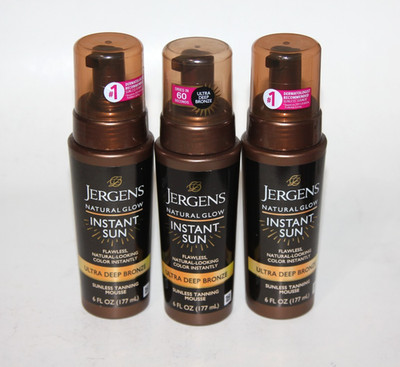 LOT (3) JERGENS NATURAL GLOW INSTANT SUN TANNING MOUSSE ULTRA DEEP BRONZE 6 OZ
