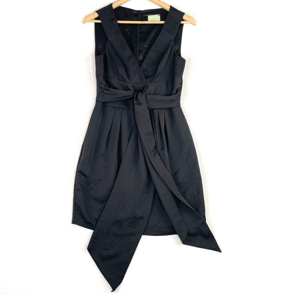 Review A-Line Mini Dress Size 10 Black Sleeveless V-Neck Tie Waist Pleated Party