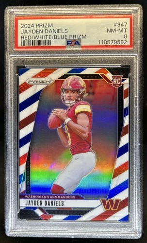2024 Panini Prizm Jayden Daniels RC Red White and Blue #347 Commanders PSA 8