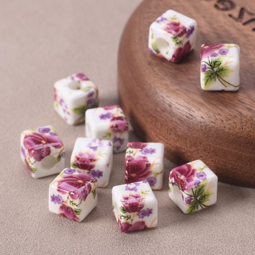10pcs 10mm Cube Flower Painted Ceramic Porcelain Loose Beads For Jewelry Making - Picture 15 of 27