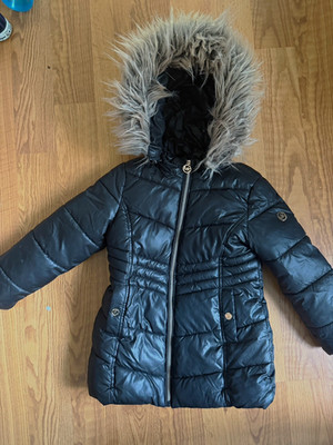 Michael Michael Kors Women's Black Down Puffer Jacket Fur Trim Hood Full Zip S