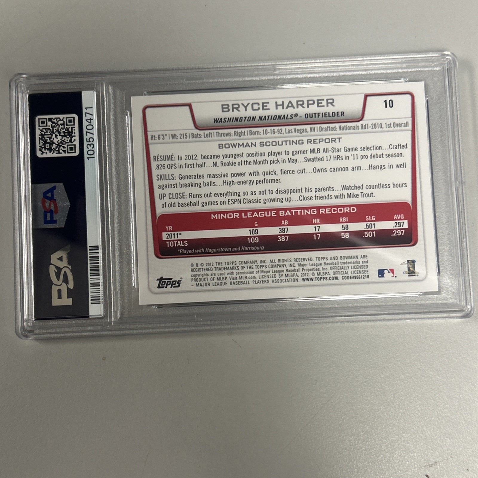 2012 Bowman Draft Baseball Bryce Harper ROOKIE #10 PSA 9 PHILLIES GEM  view 2