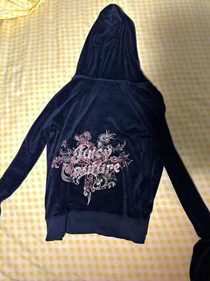Juicy Couture Navy Velour Full Zip Hooded Hoodie w/ Pockets Logo Women XS