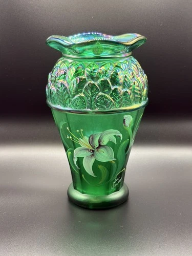 Fenton Emerald Green Iridescent Hand Painted Artist Signed Vase