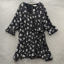 LOFT Wrap Dress 3/4 Flare Sleeve Ruffle Hem Black Floral Polka Dot Women’s 22
