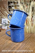 Camping Coffee Mugs Blue White Speckled Enamelware Set