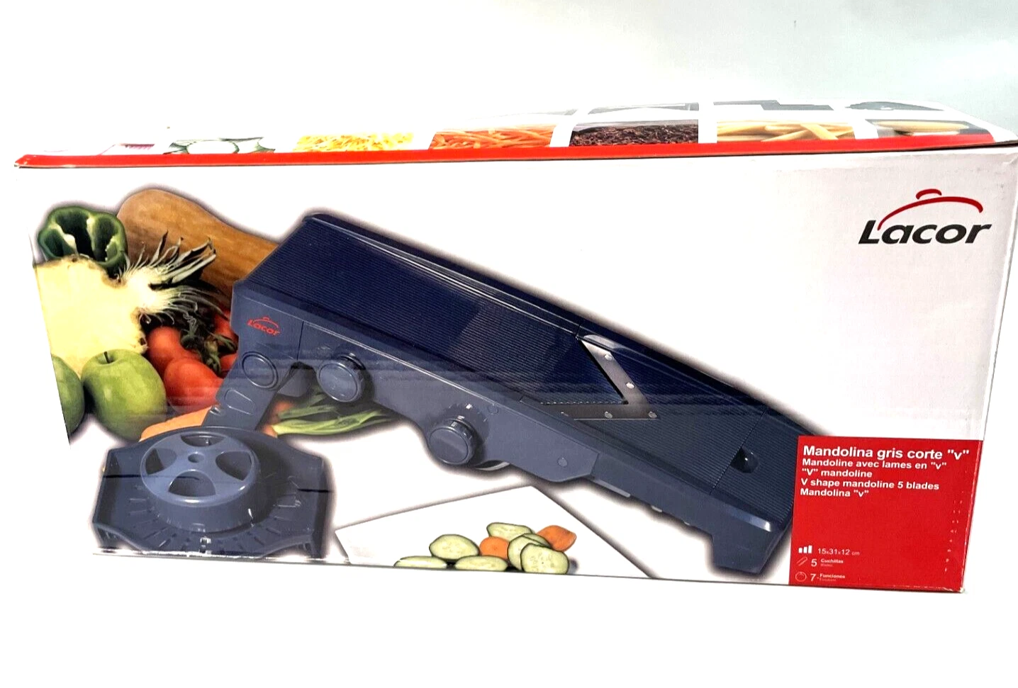 Mandolin V Shape Slicer by Lacor 7 Functions, 5 Blades Plus 2 Julienne Cuts– NIB