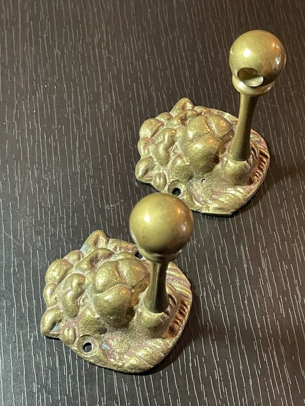 Brass Lion Head Towel Garment Holders - Antique Pair Elegant!