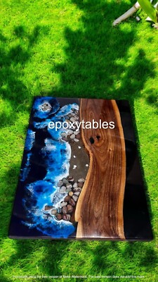30''x48'' Custom Epoxy Resin Ocean Wave Dining Table Live Edge Wood Furniture Deco