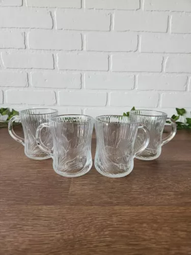 4 Arcoroc Canterbury Crocus Clear Glass Mugs Coffee Cups Tea Tulip Vintage